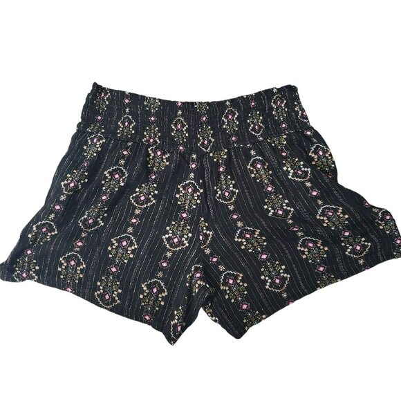 Three Dots Black Metallic Gold Floral Boho Print Elastic Waist Lightweight Short - Picture 10 of 10